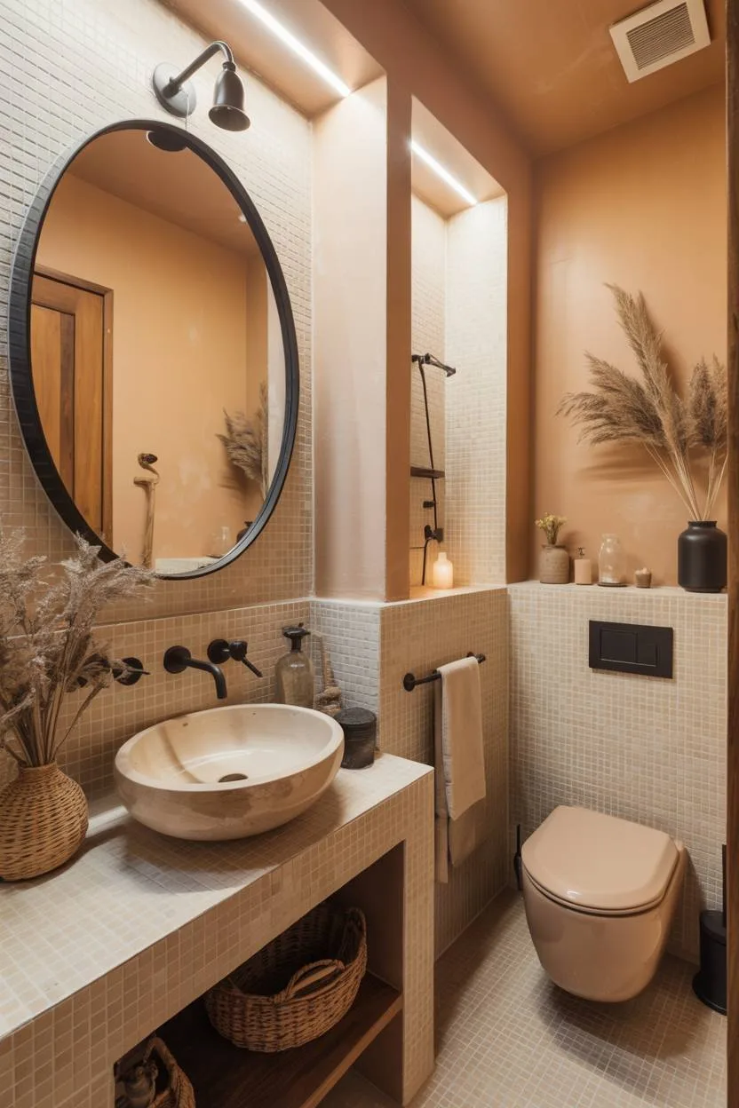 23 Beige Bathroom Ideas to Create a Calm, Stylish Space 22 Cozy bathroom with beige tiles, round mirror, stone sink, black fixtures, pampas grass, and wicker baskets