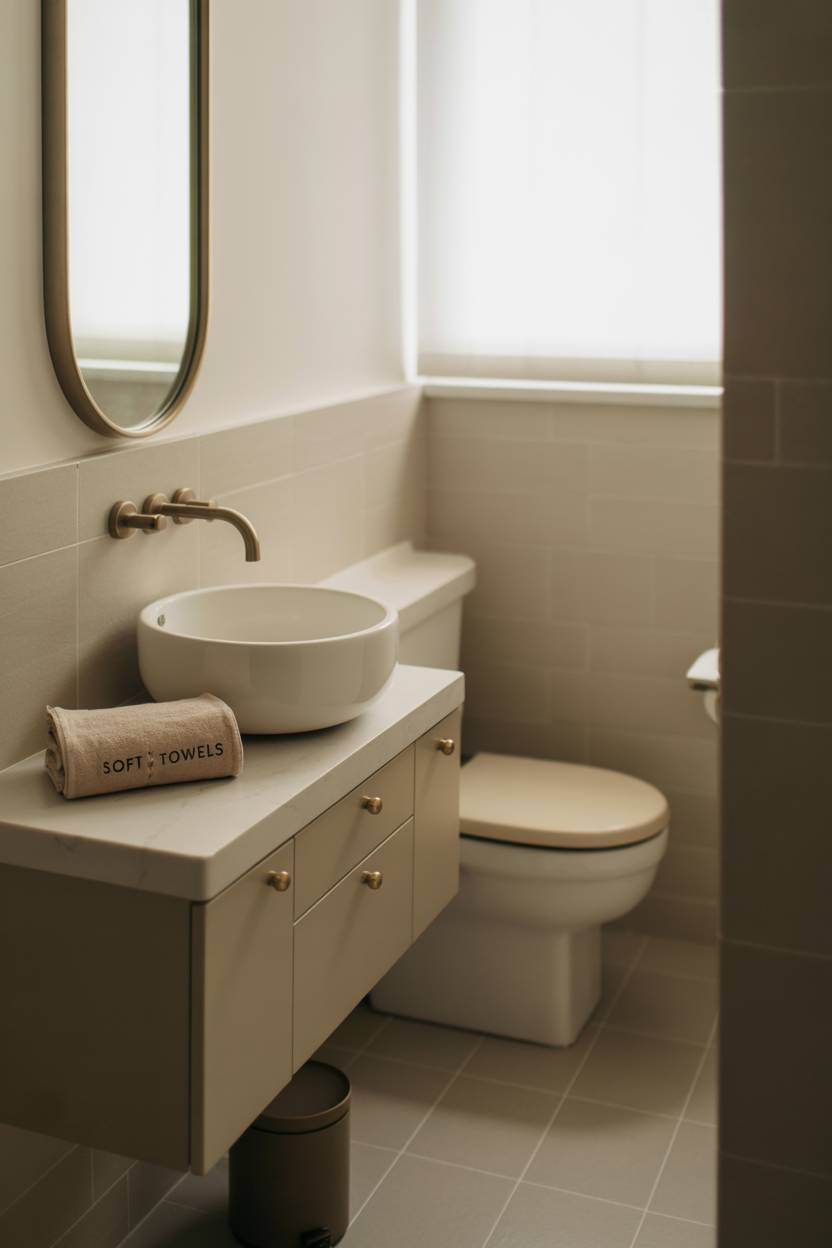 23 Beige Bathroom Ideas to Create a Calm, Stylish Space 23 Small stylish bathroom with rounded white sink on beige vanity, brass hardware, mirror, and white toilet