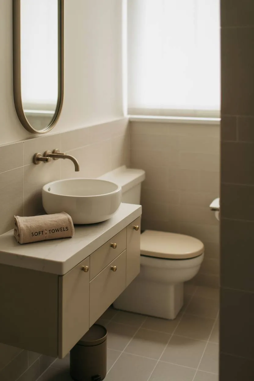23 Beige Bathroom Ideas to Create a Calm, Stylish Space 23 Small stylish bathroom with rounded white sink on beige vanity, brass hardware, mirror, and white toilet