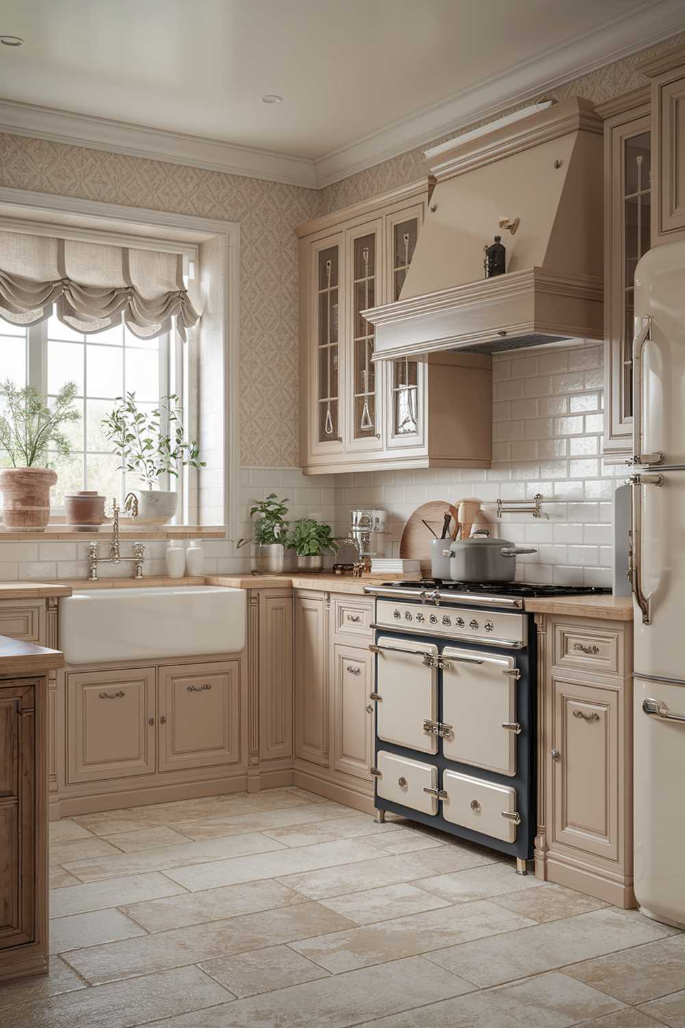 A beige kitchen design with a farmhouse sink, a stove, a refrigerator, and a wooden cabinet. The floor is made of beige tiles. There are potted plants near the window. The walls have beige wallpaper with a subtle pattern. The room has a window with a curtain.