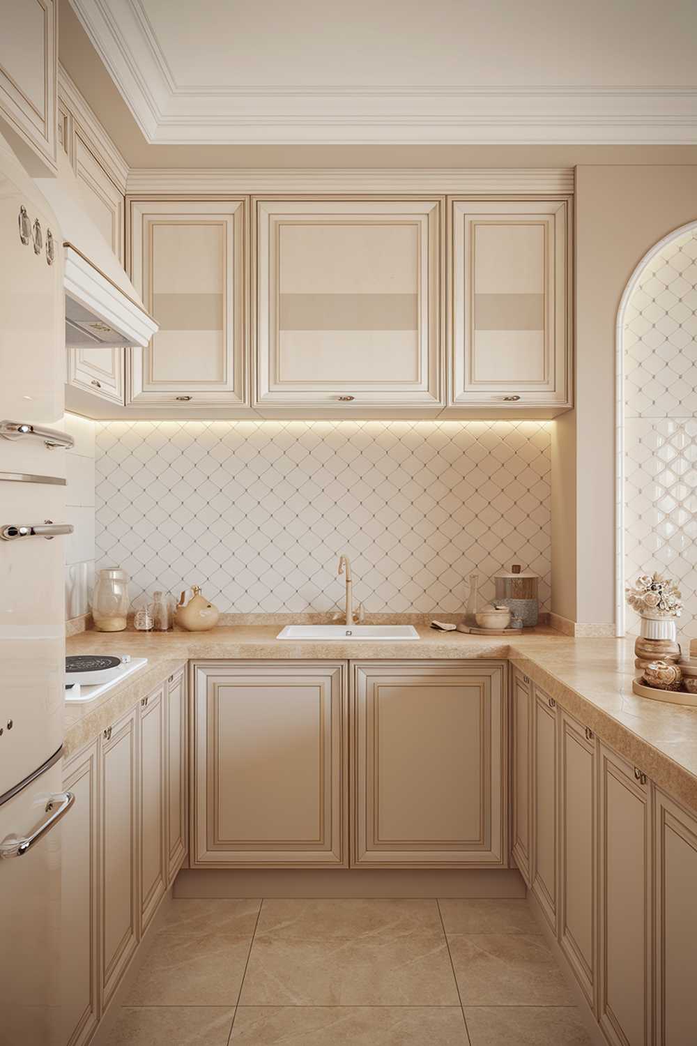 A beige kitchen design with a beige countertop, beige backsplash, and beige cabinets. The floor is made of beige tiles. There is a white sink with a beige faucet. Above the sink, there is a white cabinet. On the left side, there is a beige refrigerator with a white handle. In the background, there is a beige wall with a decorative white tile pattern. The lighting is soft.