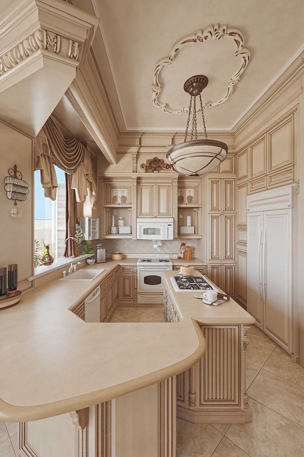 A wide shot of a highly detailed stylish beige kitchen design. The kitchen has a beige countertop, beige cabinets, and beige walls. There is a beige island in the center with a sink and a stove. There are white appliances, a refrigerator, and a microwave. The floor is made of beige tiles. There is a decorative light fixture hanging above the island. The room has a window with a curtain. The walls have a beige shelf and a decorative piece.