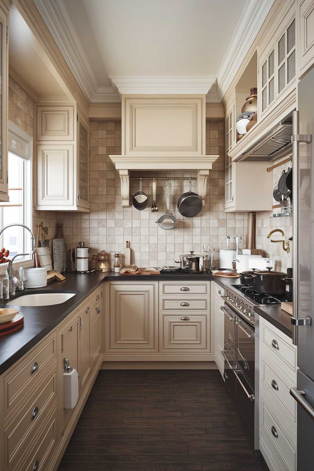 A wide shot of a highly detailed stylish beige kitchen design with a dark countertop. The kitchen features a beige backsplash, beige cabinets, and a dark countertop. There is a sink, a stove, and a refrigerator. The floor is a dark wood. There are pots and pans hanging above the stove. There is a window near the stove.