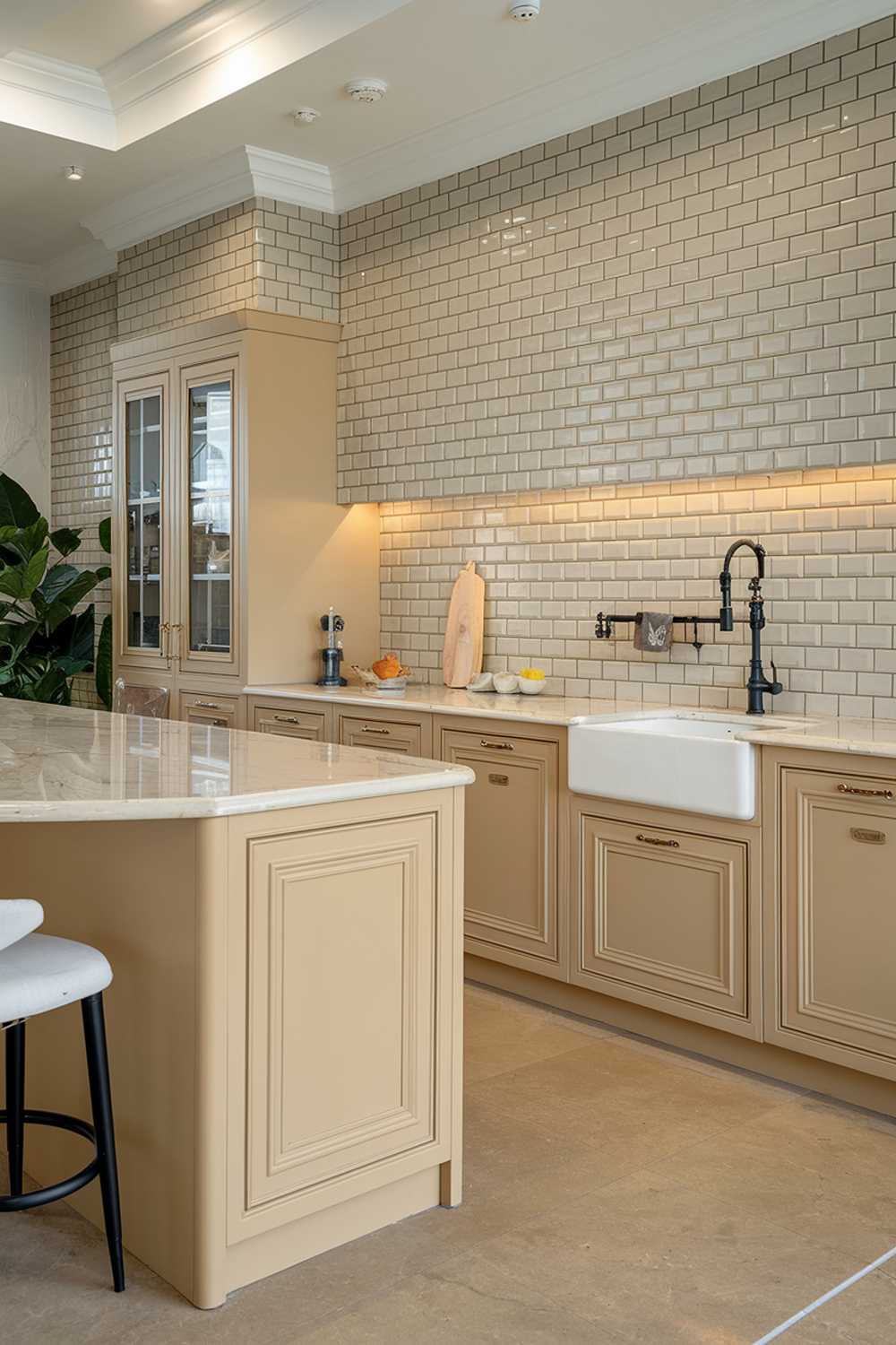 A wide shot of a highly detailed stylish beige kitchen design. The kitchen has a beige subway tile backsplash, beige cabinets, and a beige island. There's a white marble countertop on the island and the cabinets. There's a black faucet and a white sink. There's a white chair near the island. The floor is a beige tile. There's a potted plant near the cabinets. The lighting is bright.