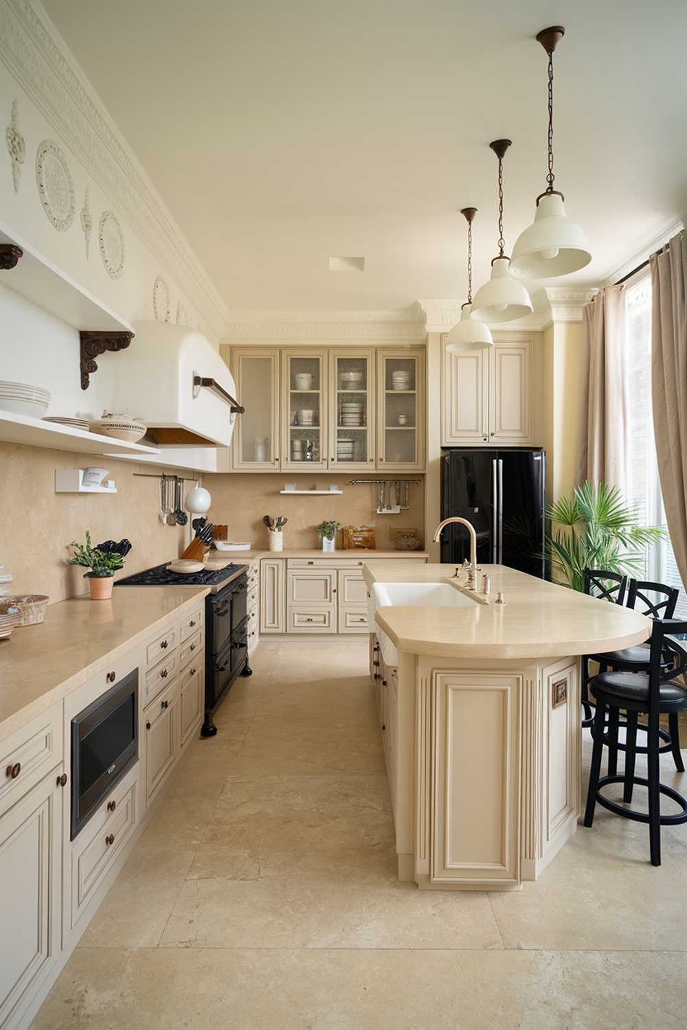 A beige kitchen with a highly detailed design. The kitchen has a beige backsplash, beige cabinets, and beige countertops. There is a beige island in the middle of the kitchen with a beige countertop and a white sink. There are white pendants hanging above the island. The flooring is beige tiles. There are black appliances, a refrigerator, and a stove. There are also black bar stools near the island. The walls have white cabinets and a white shelf. There is a plant near the window. The window has beige curtains.