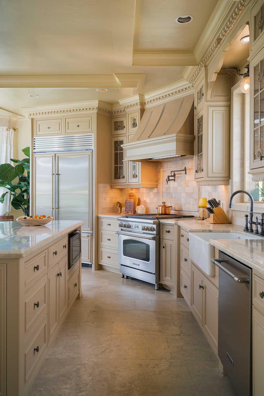 A beige kitchen with a highly detailed design. The kitchen has beige cabinets, a beige island, and a beige backsplash. There is a marble countertop on the island and the cabinets. There are stainless steel appliances, including a range, a refrigerator, and a dishwasher. There is a white sink with a faucet next to the refrigerator. The floor is made of beige tiles. There is a potted plant near the window. The lighting is warm and bright.