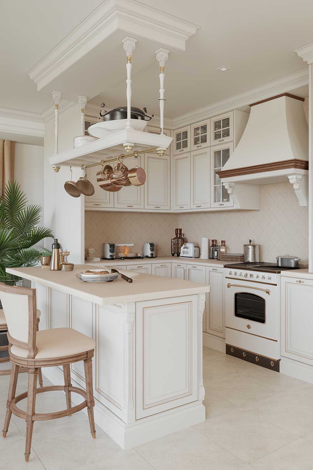 A highly detailed image of a white and beige kitchen design. The kitchen has a white island with a beige countertop, white cabinets, and a beige backsplash. There's a white stove, oven, and sink. A beige chair is placed near the island. A white pot rack hangs over the island. The floor is beige tile. A potted plant is placed near the stove.