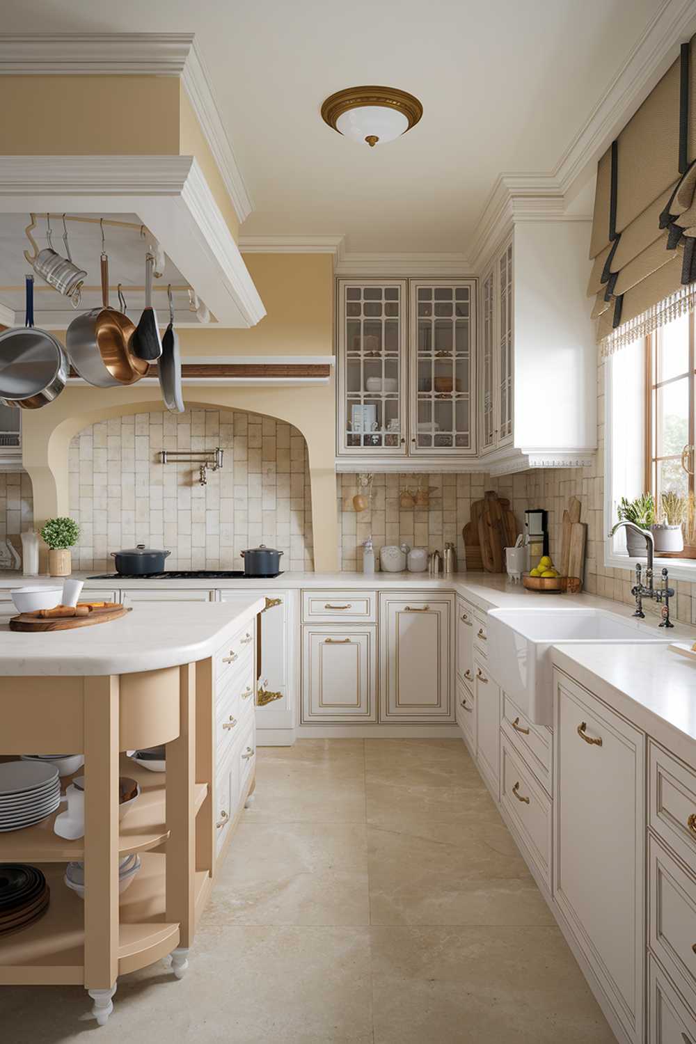 A white and beige kitchen design. The kitchen has a beige backsplash and white cabinets, countertops, and appliances. There is a beige island with a white countertop and a white sink. The floor is beige tiles. There are pots and pans hanging above the island. A wooden spoon and a cutting board are placed on the countertop. The room has a window with a curtain and a light fixture.