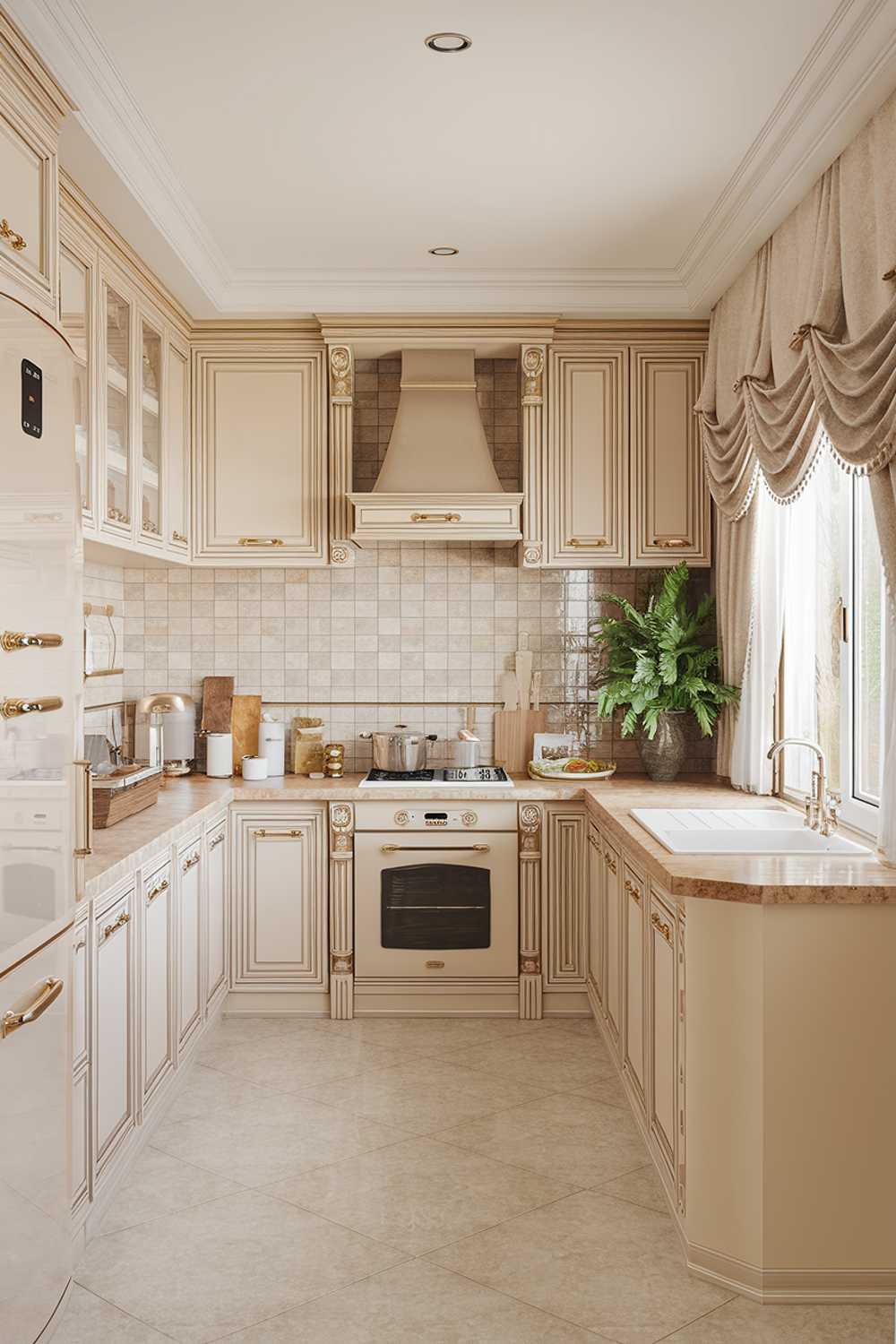 A highly detailed stylish beige kitchen decor design. The kitchen has a beige backsplash, beige cabinets, and a beige countertop. There is a beige refrigerator, a beige oven, and a beige sink. The floor is made of beige tiles. There are gold hardware on the cabinets and appliances. There is a potted plant near the window. The window has beige curtains.