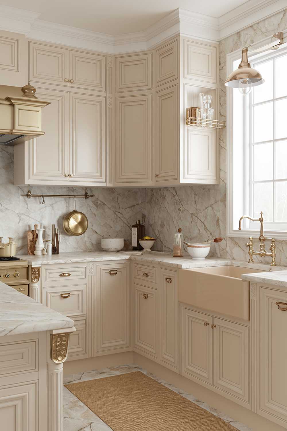 A highly detailed stylish beige kitchen decor design. There is a beige kitchen with a marble countertop and backsplash. There is a beige sink with a brass faucet. There is a beige cabinet with brass hardware. There is a brass light fixture hanging above the sink. There are beige cabinets on the walls. There is a beige rug on the floor. There is a brass pot hanging on a brass rack near the window.