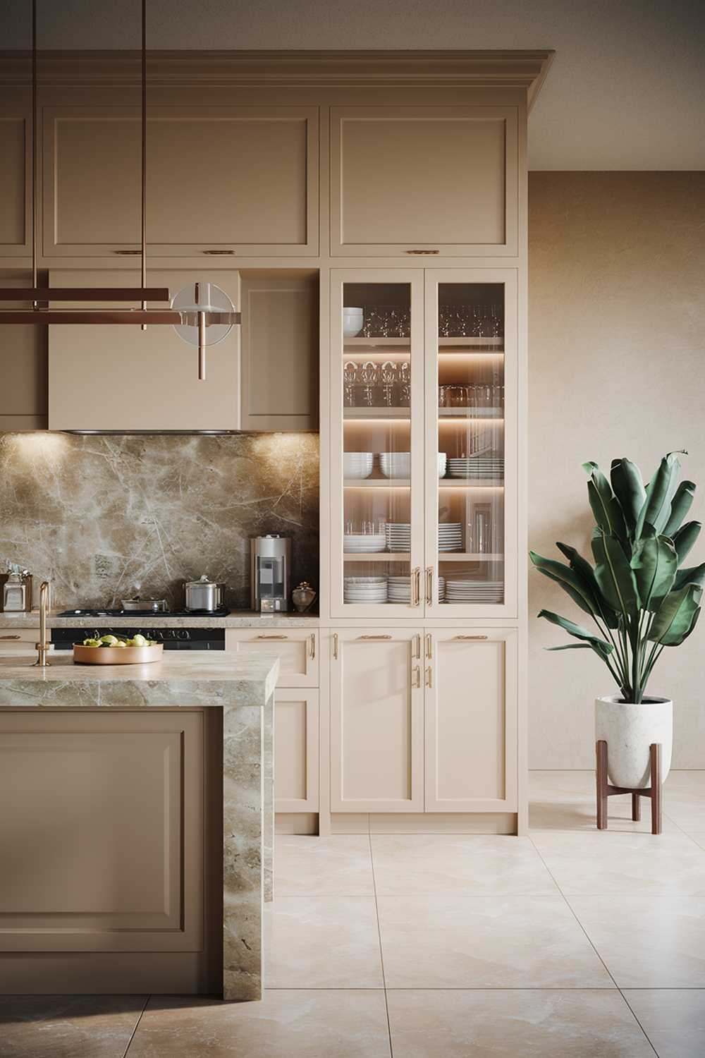 A beige kitchen decor design. There is a beige island with a marble countertop and a beige cabinet with a glass door. The background has beige cabinets and a beige backsplash. There is a potted plant near the island. The floor is made of beige tiles. The lighting is soft.