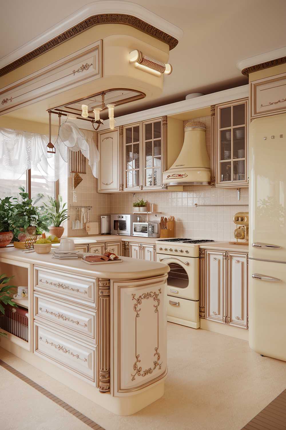 A highly detailed stylish cream and beige kitchen design. The room has a cream-colored island with beige cabinets and a beige backsplash. There's a cream-colored oven and a beige refrigerator. The floor is beige. There are potted plants near the window. The countertops are cream-colored. The lighting is warm.