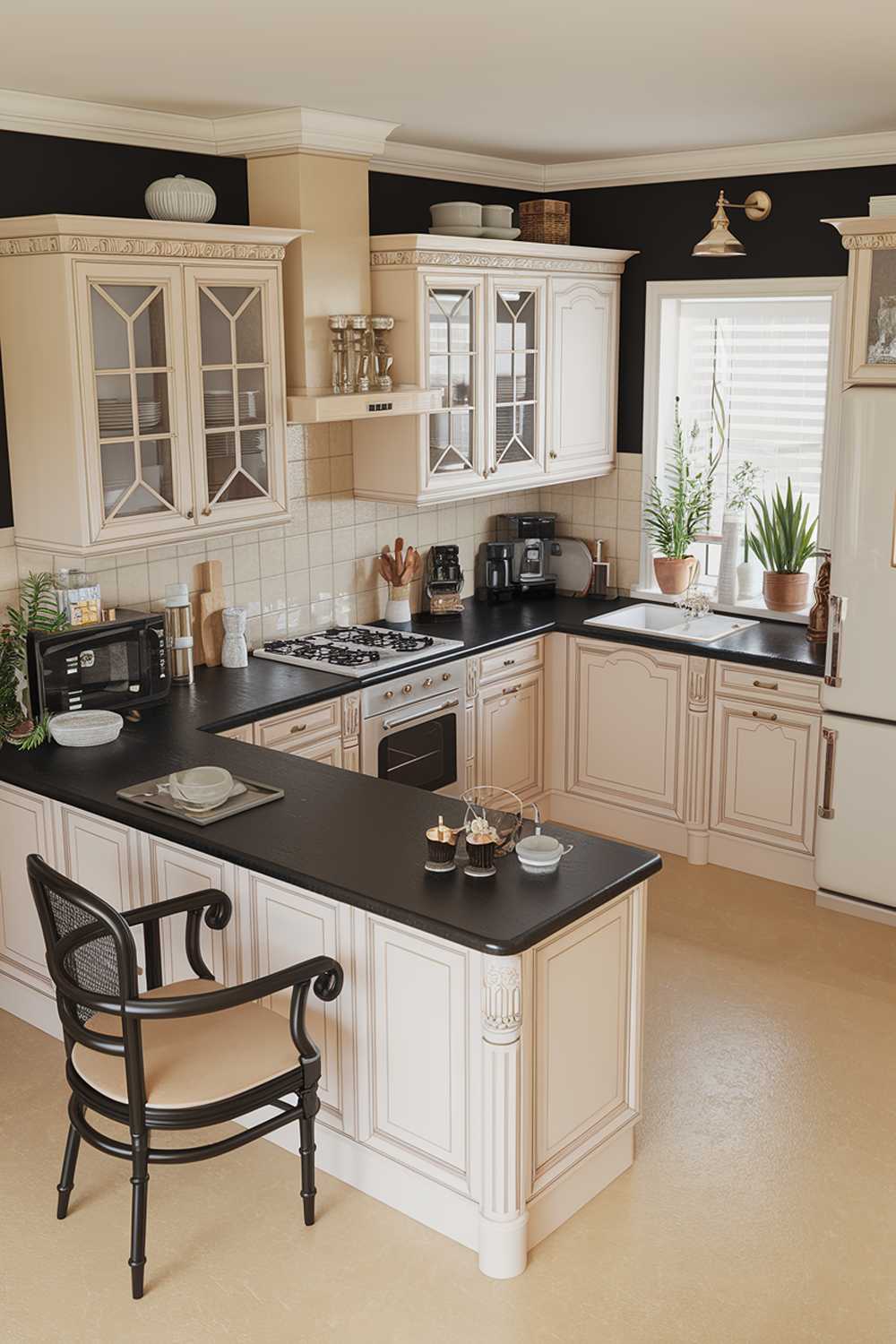 A highly detailed stylish black, white, and beige kitchen design. The kitchen has a black countertop, white cabinets, and beige walls. There is a black chair with a beige cushion in the corner. The floors are beige. There are various kitchen appliances such as a stove, oven, fridge, and microwave. There are potted plants near the window. There is a lamp on the countertop.