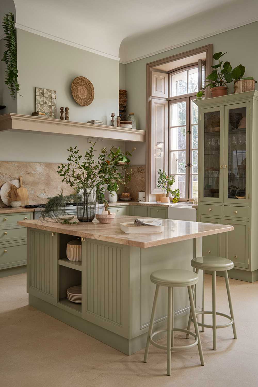 A sage green and beige kitchen with a high level of detail. The kitchen has a large island with a beige marble countertop. Sage green cabinets line the walls and the island. A beige cabinet with a sage green door is under the window. There are two sage green stools near the island. On the wall, above the cabinets, there's a beige shelf with a few decorative items. The floor is beige. The room has a few potted plants.