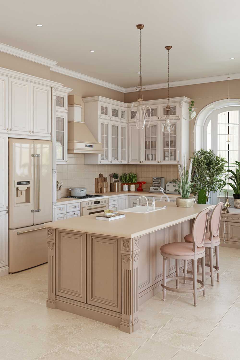 A beige kitchen design with a large beige island and white cabinets. The island has a beige countertop and a white sink. There is a beige refrigerator and a white oven. The floor is made of beige tiles. There are potted plants near the window. The walls are painted in a light beige color.