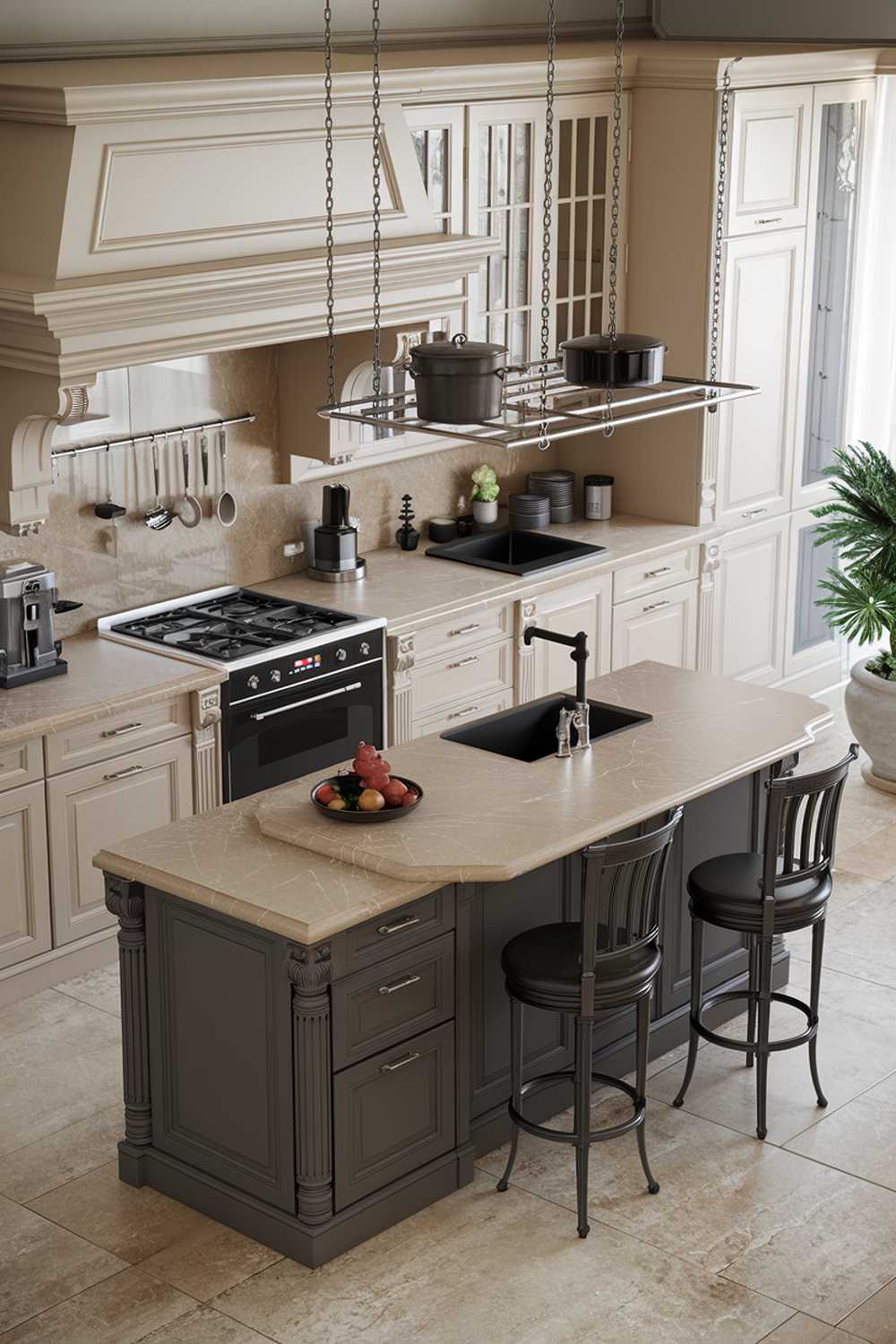 A beige kitchen design with a modern touch. The kitchen features a beige countertop and backsplash, a white cabinetry, and a dark grey island with a marble top. There is a stainless steel sink and a black faucet. The island has a dark grey cabinet and a black barstool. There is a pot rack above the island. The floor is made of beige tiles. There is a potted plant near the window.