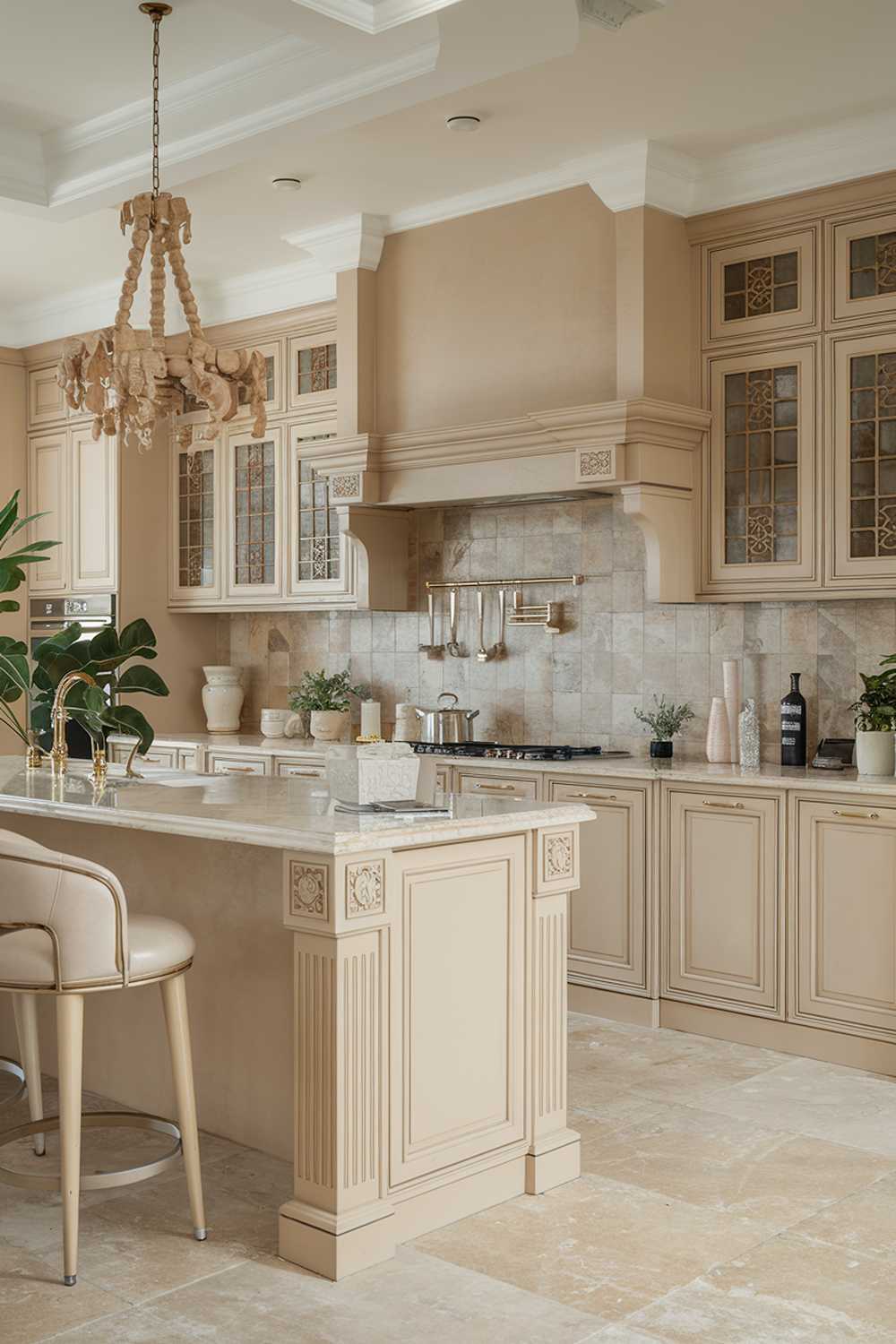 A beige kitchen design. The kitchen features a beige island with a marble countertop, a beige backsplash, and beige cabinets. There is a beige bar stool near the island. The countertops are beige as well. There is a beige chandelier hanging over the island. The floor is made of beige tiles. There are a few potted plants in the kitchen.