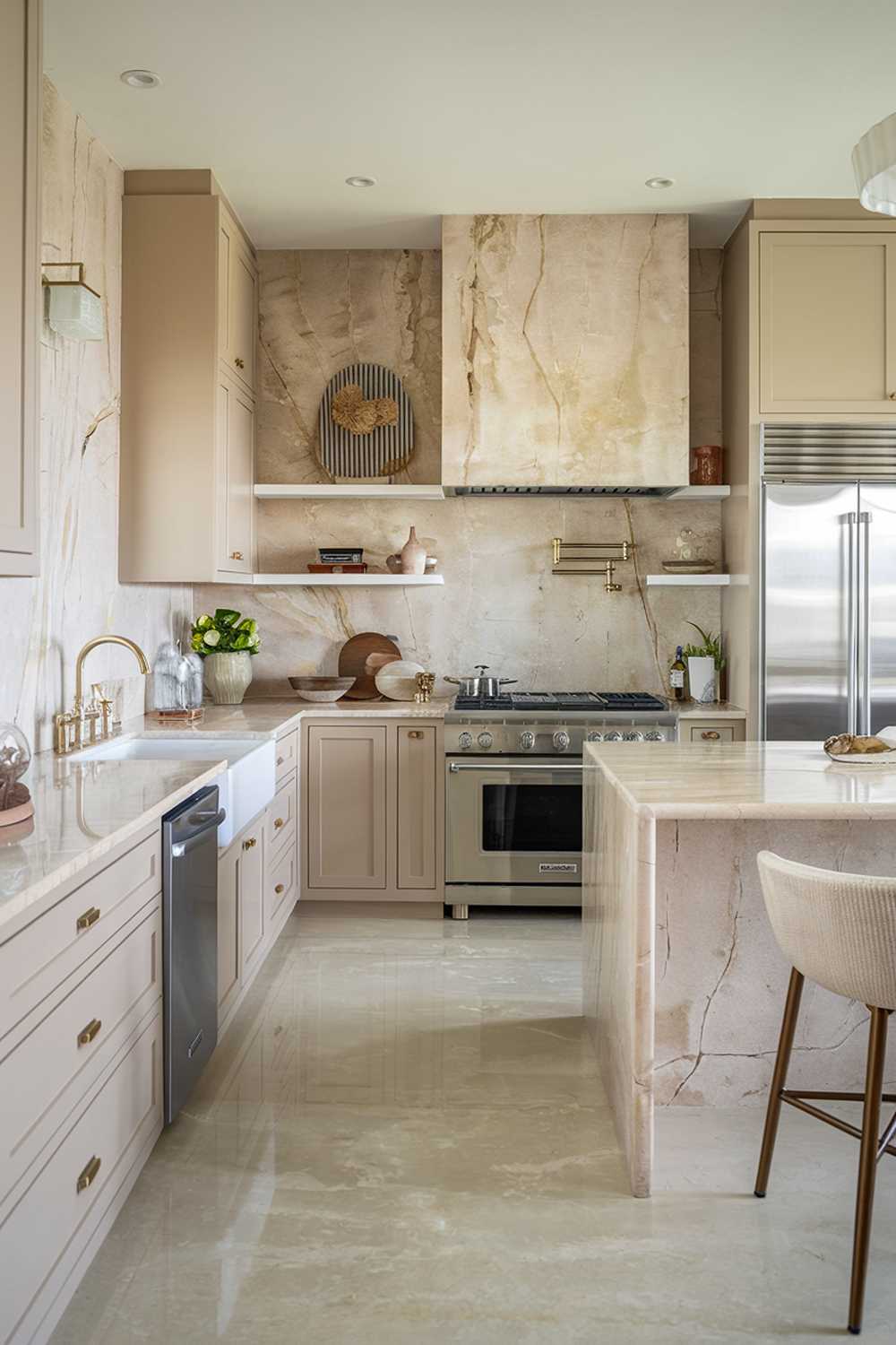 A beige kitchen design. The kitchen has a beige marble countertop and backsplash, a beige cabinets, a beige island, and a beige floor. There is a stainless steel sink, a stove, and a refrigerator. There are also a few decorative items, including a plant and a lamp. The overall design is clean and sophisticated.