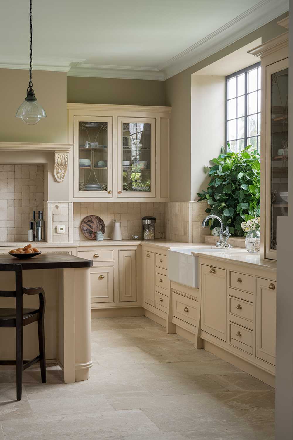 A beige kitchen with elegant and stylish design. The kitchen has a beige backsplash and beige cabinets. There is a beige kitchen island with a dark wooden countertop. The floor is made of beige tiles. There is a dark wooden chair near the kitchen island. There is a pendant light hanging above the kitchen island. The kitchen has a window with a view of a lush green plant. The walls are painted in a light grey color.