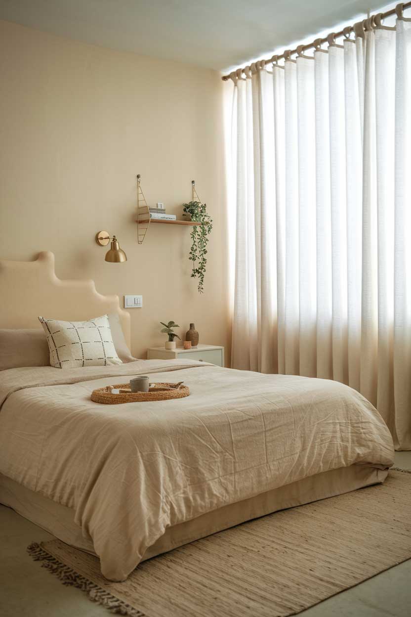 A photo of a cozy beige minimalist bedroom with a queen-size bed, a small nightstand beside the bed, and a large window with white curtains. There is a beige rug on the floor. The room has a few pieces of minimalist decor, such as a wall-mounted lamp, a wall shelf with a small potted plant, and a few decorative objects.