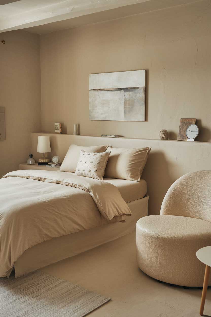 A photo of a cozy beige minimalist bedroom. There's a bed with beige sheets and a beige duvet cover. A beige pillow with a pattern and a white pillow are placed on the bed. There's a beige chair in the room. The walls and the floor are beige as well. There's a small white table near the chair. The room has a few personal items, including a white lamp on the nightstand, a clock on the wall, and a painting above the bed.