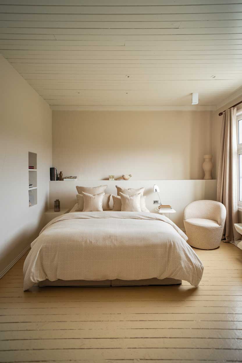 A photo of a cozy beige minimalist bedroom. The room has a queen-size bed with a white duvet and beige pillows. There's a beige chair near the window. The walls and ceiling are white. The floor is made of beige wooden planks. There's a small white shelf above the bed. The room has a lamp on the bedside table. The window has beige curtains