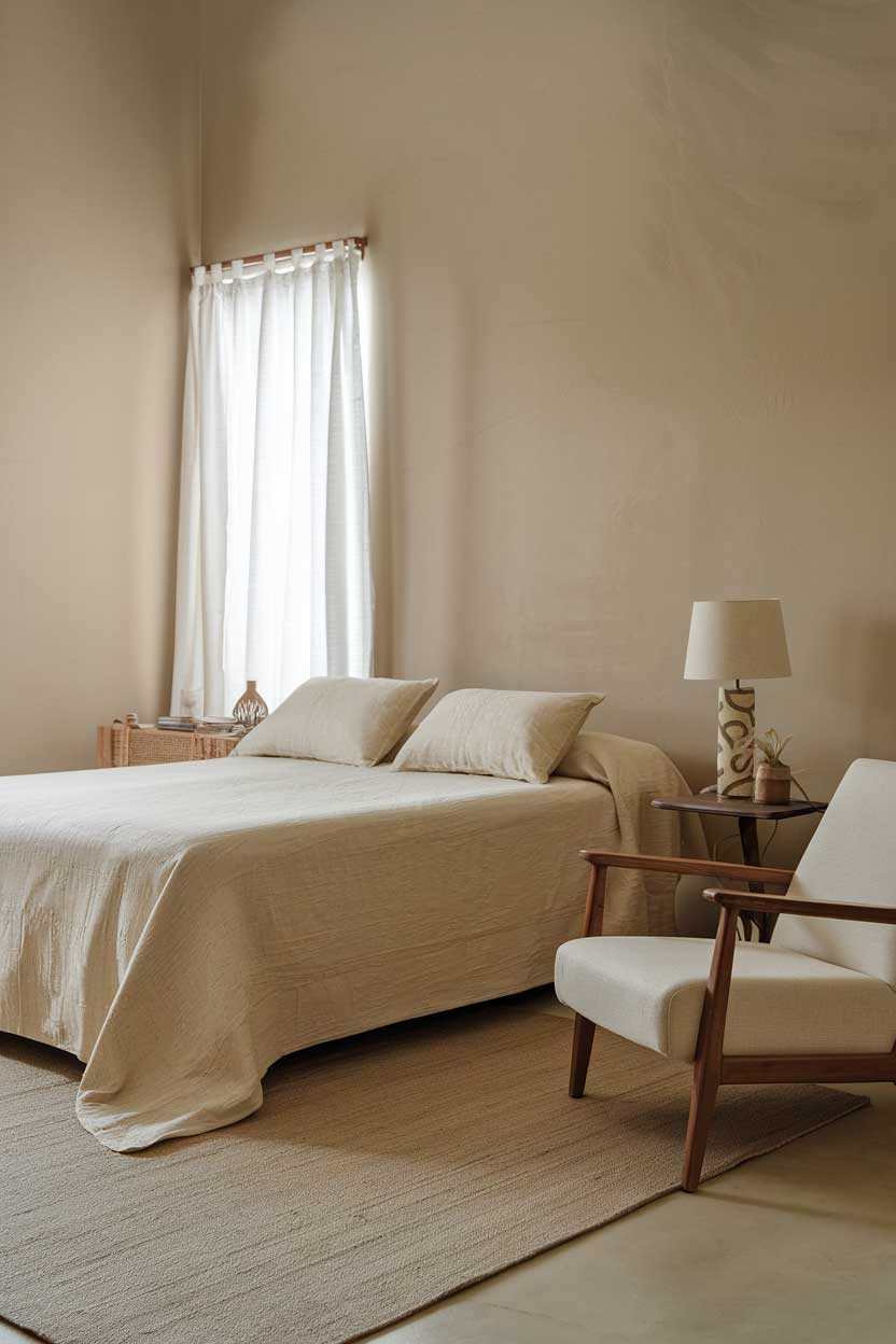 A photo of a cozy beige minimalist bedroom. The room has a queen-size bed with a beige coverlet and two pillows. There is a beige armchair with a wooden frame in the corner. A small wooden side table with a lamp is placed near the bed. A beige rug is placed under the bed. The walls are painted beige. There is a white curtain near the bed