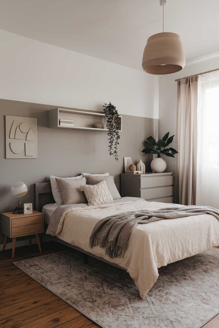 A cozy gray and beige minimalist bedroom idea with a queen-sized bed, a beige rug, a gray wall shelf, a beige throw pillow, a gray throw blanket, a gray wooden dresser, a beige lampshade, and a beige curtain. The room has a wooden floor and a white ceiling. The wall behind the bed has a white plant pot and a gray wall art.