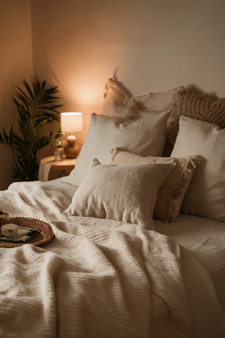 A captivating photo of a minimalist bedroom, featuring a warm and inviting color palette of beige and white. The room has a cozy atmosphere, with a plush white duvet on the bed and soft beige cushions adorning the headboard. A small lamp on a side table casts a gentle glow, with a potted plant adding a touch of nature to the space. The overall ambiance is serene and calming, perfect for a restful night's sleep.