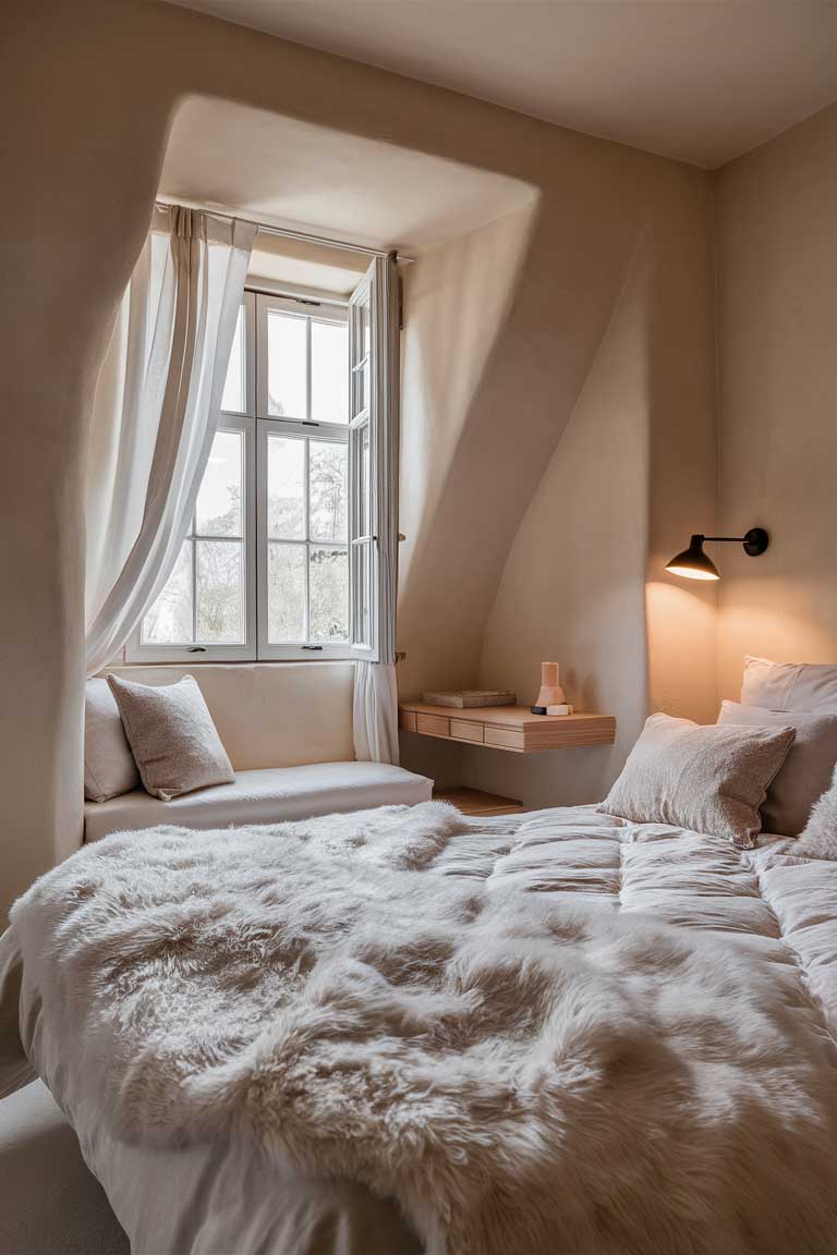 A cozy, minimalist bedroom in soft beige and white tones. The room features a plush king-sized bed with a fluffy white duvet, a large window with flowing white curtains, and a simple yet stylish wooden desk. A warm reading lamp illuminates the space, casting a soft glow on the minimalist decor. The overall ambiance is serene and inviting, perfect for relaxation and rejuvenation.