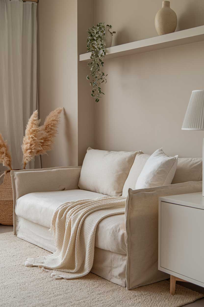 A close up shot of a cozy beige and white minimalist bedroom. The room contains a beige sofa bed, a white cabinet, a beige rug, and a white lamp. There is a beige blanket and a white pillow on the sofa bed. The wall contains a white shelf with a beige vase and a white plant.