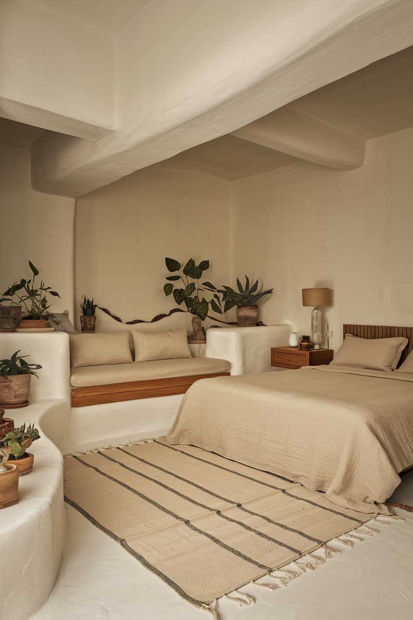 A cozy, minimalist bedroom with beige tones. The room has a queen-size bed with beige linen. There's a beige couch with a wooden frame near the wall. The room has a beige rug with a striped pattern. There's a wooden nightstand with a lamp beside the bed. The walls and ceiling are painted white. The room has a few potted plants. Less