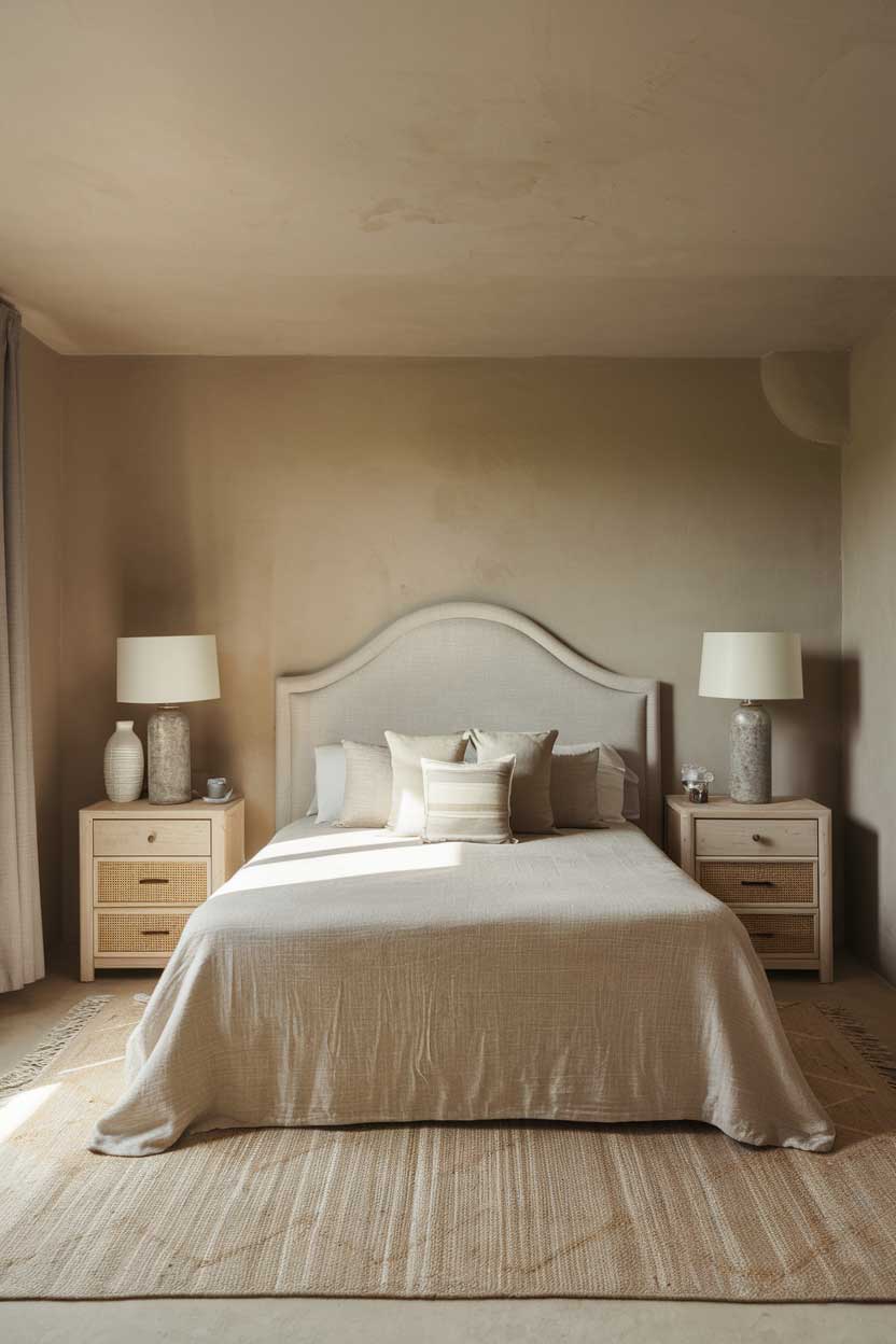 A cozy, minimalist bedroom with beige tones. The room has a queen-size bed with a beige cover, two nightstands on either side, and a rug in the middle. There's a white lampshade on each nightstand and a white decorative piece on top of the nightstand on the left. The walls and the ceiling are painted beige.