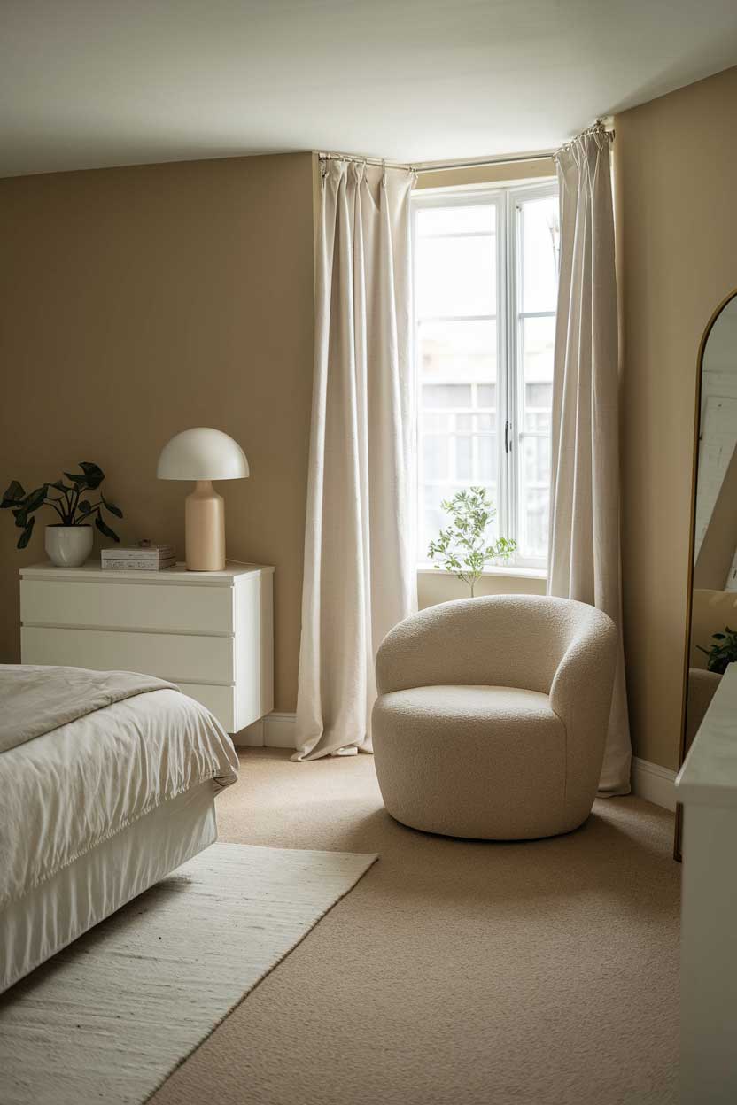 A photo of a cozy, minimalist bedroom with beige tones. The room has a bed with beige sheets, a white dresser, and a beige chair. There's a white lampshade on the beige chair. The floor is covered with beige carpet. The walls are painted beige. There's a small plant near the window. The window has white curtains.