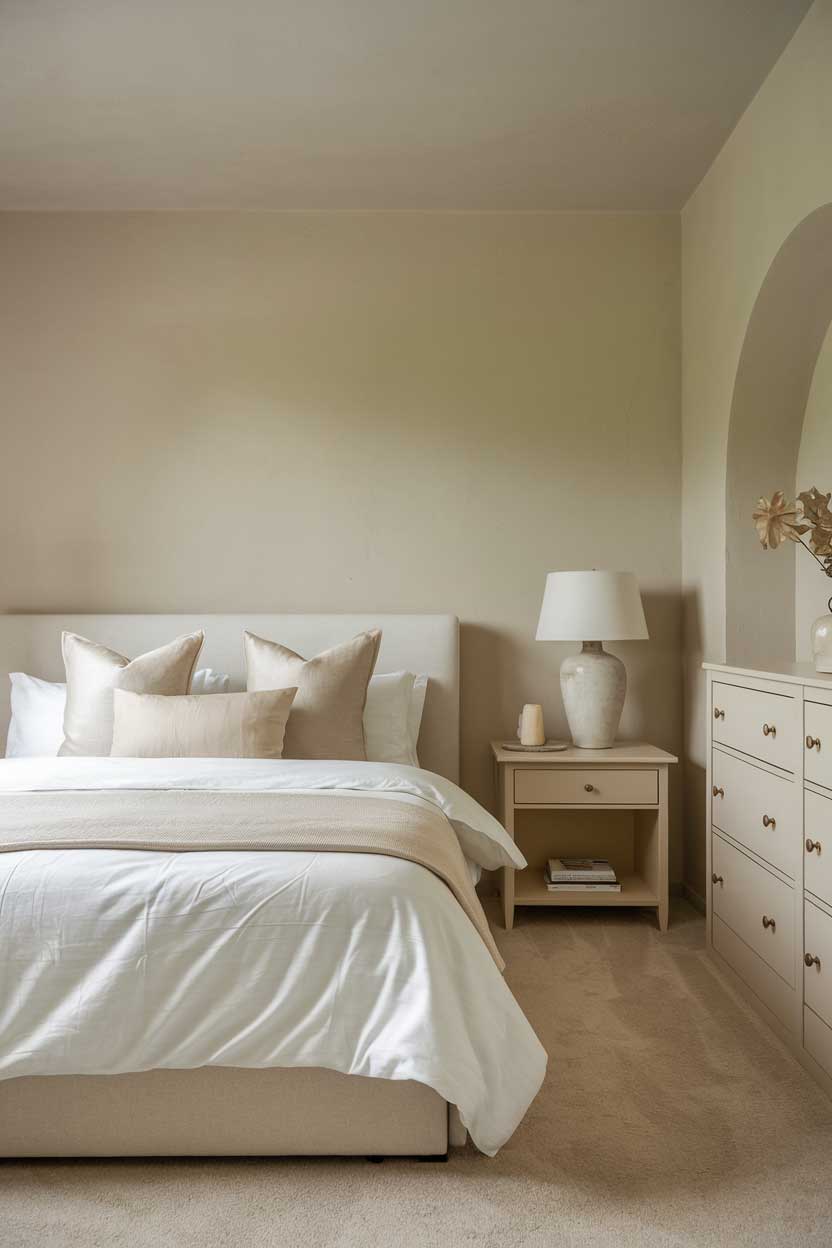 A photo of a cozy, minimalist bedroom with beige tones. The room has a queen-size bed with a white duvet and beige pillows. There is a beige dresser and a white nightstand next to the bed. The nightstand has a white lamp and a beige accessory. The walls and the ceiling are painted in a light beige color. The floor is covered with beige carpet.