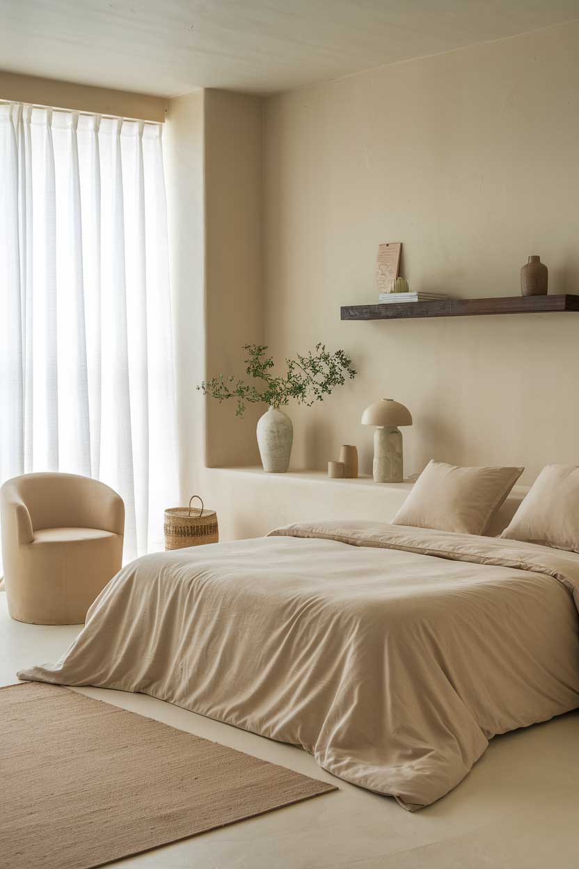 A photo of a cozy, minimalist bedroom with beige tones. The room has a queen-size bed with a beige duvet and two beige pillows. There's a beige chair in the corner and a beige rug on the floor. The walls are painted in a light beige color. There's a small, dark wooden shelf above the bed, holding a few items. The room has a few decorative pieces, including a white vase with a green plant and a beige lamp. The room has a large window with white curtains, letting in natural light.