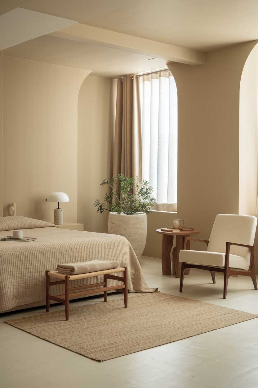 A photo of a cozy, minimalist bedroom with beige tones. The room has a queen-size bed with a beige cover, a beige chair with a wooden frame, and a wooden side table. There's a beige rug on the floor. The walls are painted in a soft beige color. There's a plant in a white pot near the window. The window is covered with a beige curtain. The room has a few personal items, such as a white lamp on the side table and a beige blanket folded at the foot of the bed.