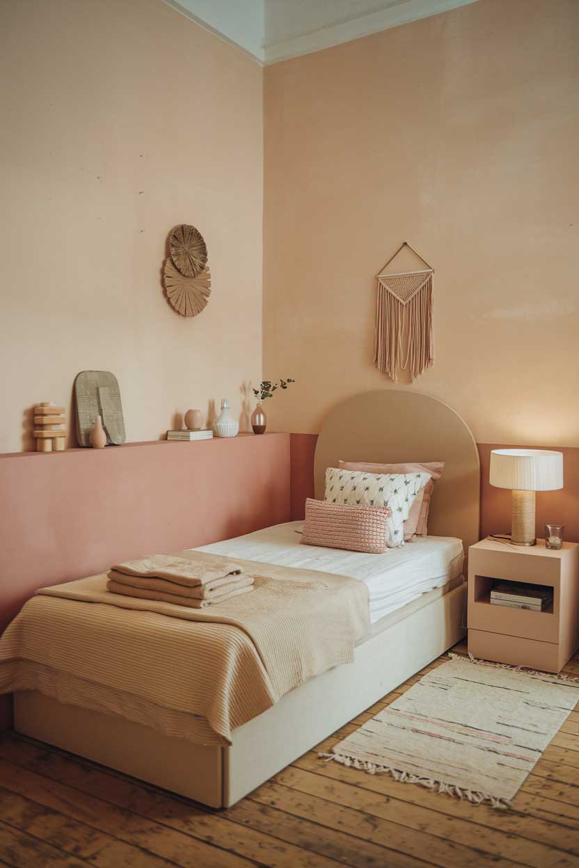  A photo of a cozy, minimalist bedroom with beige and pink tones. The room has a small double bed, a nightstand on one side, and a lamp on the nightstand. There is a beige blanket folded at the foot of the bed. The wall above the bed has a few decorative items. The room has a wooden floor.