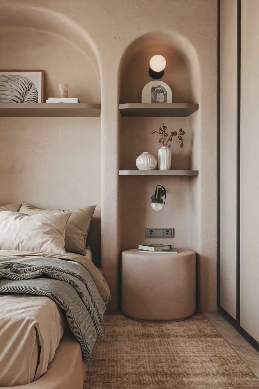 A close-up shot of a cozy, minimalist bedroom with beige and grey tones. The room has a bed, a bedside table, and a wall-mounted shelf. The bed is placed against the wall, and the bedside table is placed near the bed. The wall-mounted shelf is above the bed. The room has a beige rug and a grey blanket. The room has soft lighting.