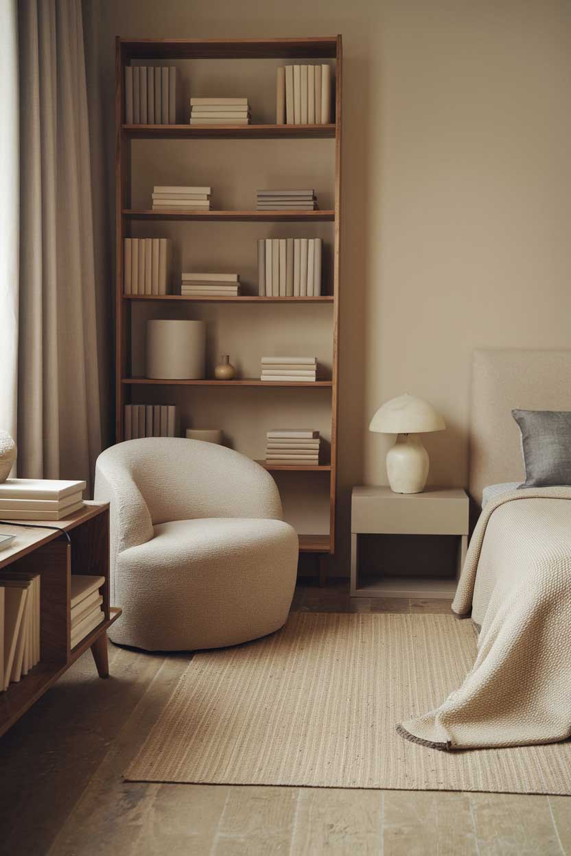 A photo of a cozy, minimalist bedroom with beige and grey tones. There's a beige rug on the wooden floor. There's a grey chair near the beige wall. There's a beige bed with a beige blanket and a grey pillow. There's a beige lamp on the grey nightstand. There's a wooden bookshelf near the grey chair, filled with beige and grey books. The room has a beige curtain.