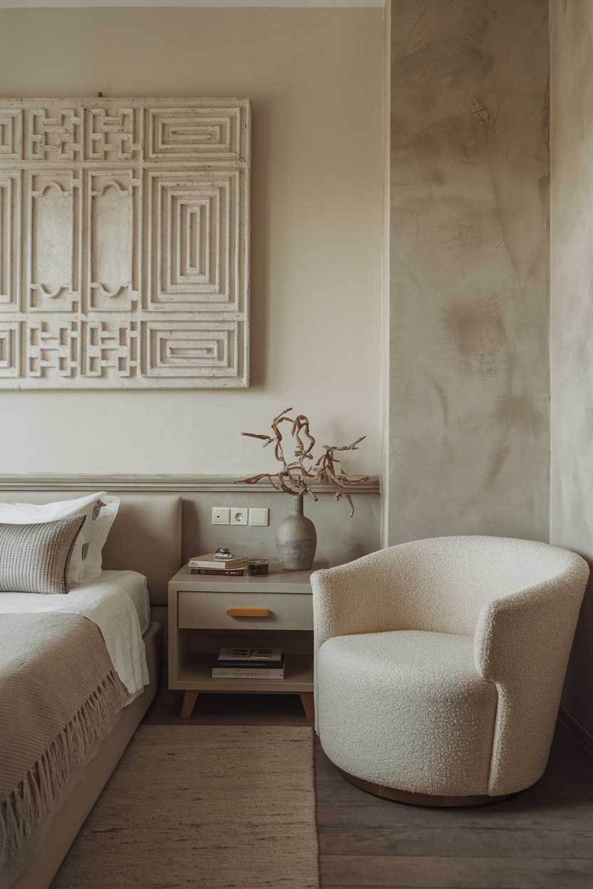 A photo of a cozy, minimalist bedroom with beige and grey tones. The room has a bed, a nightstand, and a chair. The wall has a large decorative piece. The floor is wooden.