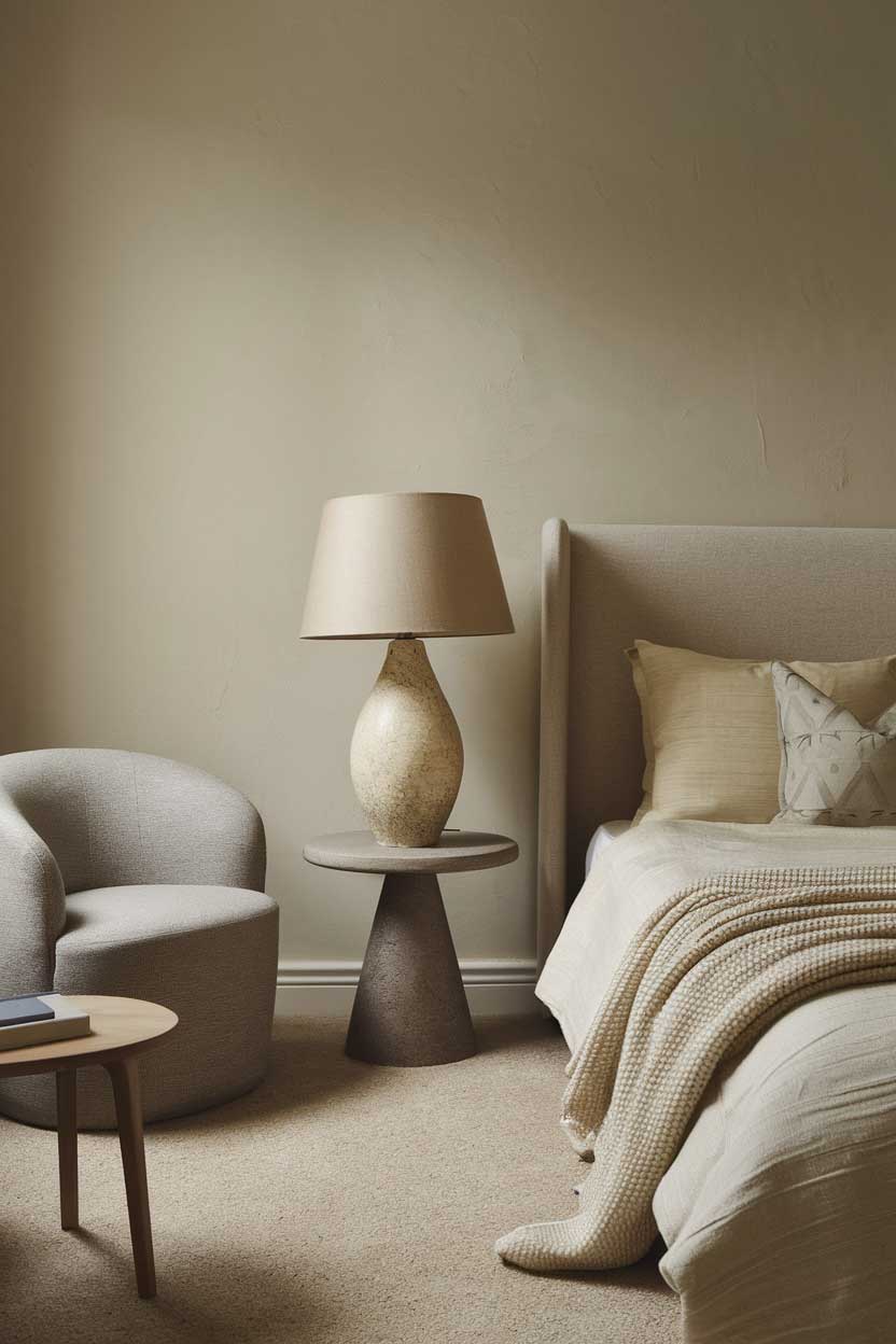 A photo of a cozy, minimalist bedroom with beige and grey tones. There is a beige wall, a grey headboard, a beige lampshade, a beige blanket, and a beige cushion. The room also contains a grey chair and a wooden side table. The floor is covered with beige carpet. The lighting is soft.