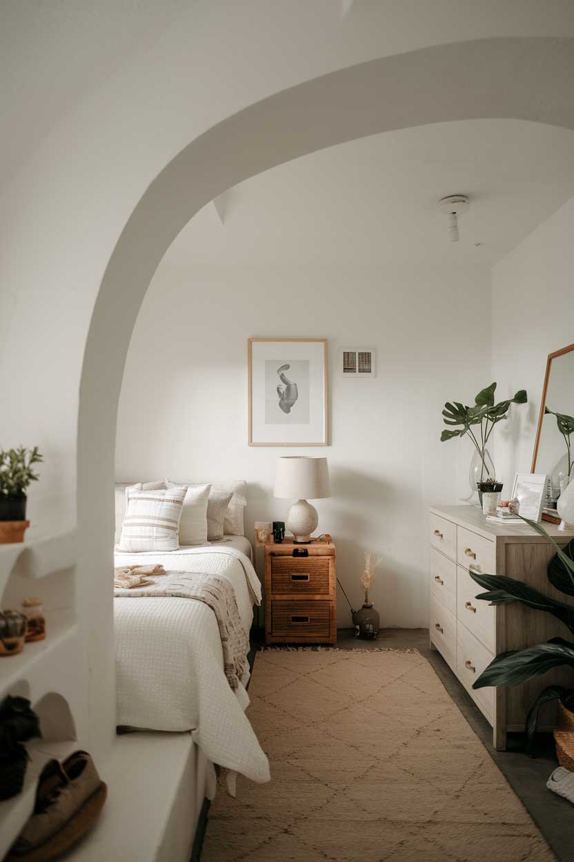 A photo of a cozy, minimalist bedroom with white and beige tones. The room has a small bed, a wooden dresser, and a lamp. The walls and the ceiling are white. There's a beige rug on the floor. The room has a few personal items, such as a picture frame and a plant. The lighting is soft.