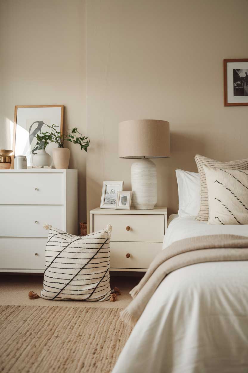 A photo of a close-up shot of a cozy, minimalist bedroom with white and beige tones. The room features a white bed with beige pillows, a white dresser, and a beige lampshade. There's a beige rug on the floor. The walls are painted in a light beige color. The room has a few personal items, such as a framed photo and a small plant. The lighting is soft.