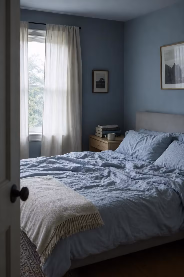 The Best Colors for Bedroom Walls That Actually Make a Space Feel Calmer 1 A bedroom with muted blue-gray walls and pale blue linen bedding in cool overcast morning light, photographed from the doorway.