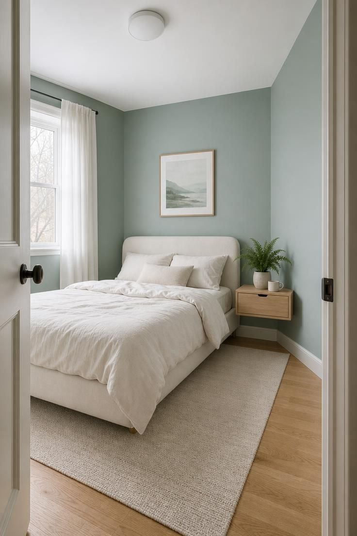 Small bedroom with soft blue-green walls viewed from the doorway, showing how the cool muted tone makes the compact space feel open and airy under overcast natural light.
