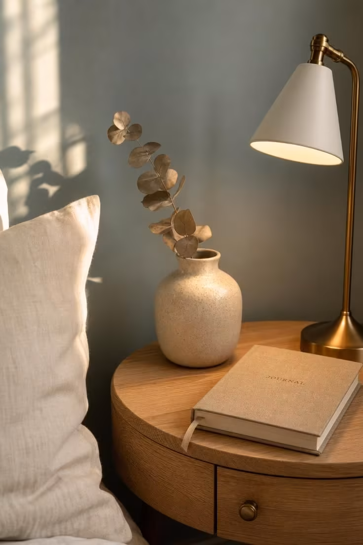 The Best Colors for Bedroom Walls That Actually Make a Space Feel Calmer 2 A close-up of a nightstand with a dried eucalyptus sprig against a soft dusty blue wall, lit by warm golden afternoon light.