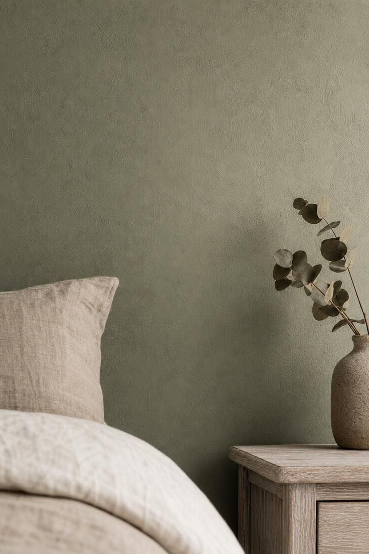 Close-up of a bedroom wall in muted sage green with matte finish, natural linen bedding and a dried eucalyptus sprig in a stoneware vase visible at the edge of the frame.