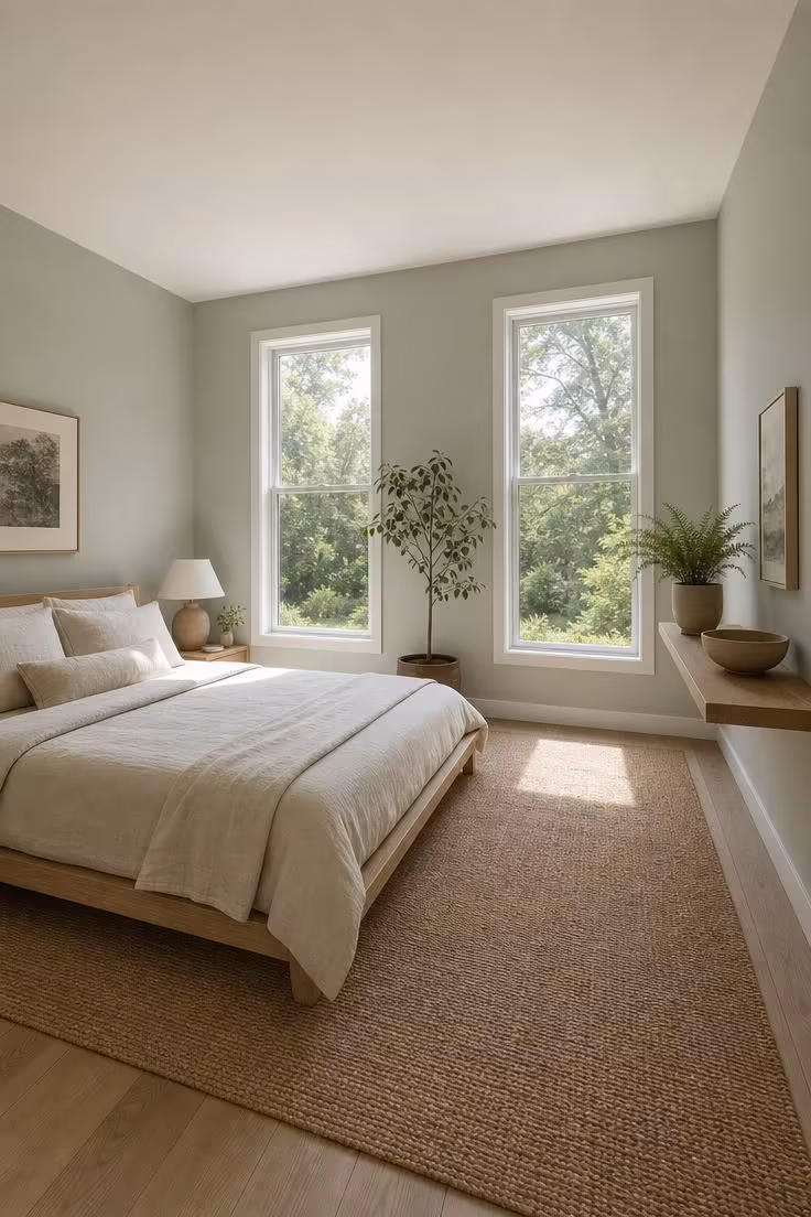 The Best Colors for Bedroom Walls That Actually Make a Space Feel Calmer 3 A sage green bedroom with white oak furniture and unbleached linen bedding in bright midday light, photographed from the corner.