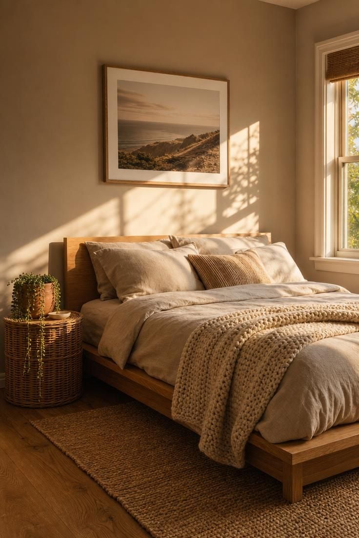 Compact bedroom with warm taupe walls and honey-toned ash bed frame bathed in golden late-afternoon light, creating a cozy and spacious atmosphere.